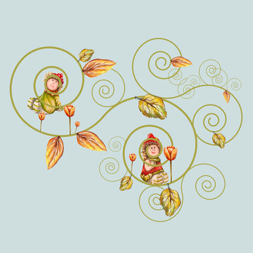 Elegante sfondo decorativo con simpatici personaggi dei boschi, tulipani e alcune foglie disegnati a mano