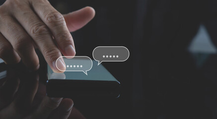 Man hand typing on mobile smartphone, Live Chat chatting on mobile app,  social network