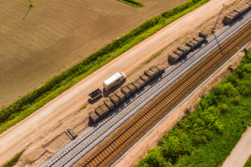 Aerial view of pathway, road and railways