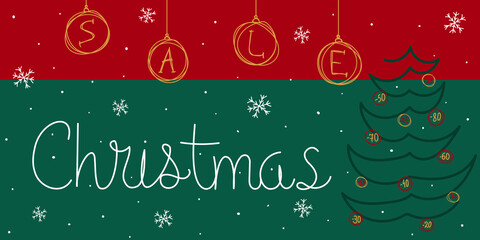 Fototapeta na wymiar Christmas sale banner. Handwritten lettering, Christmas tree, balls and snowflakes in doodle style. Flat simple vector illustration.