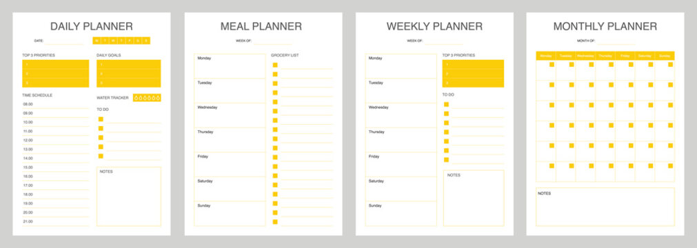 Set minimalis planner with yellow color, daily, meal planner, weekly, monthly planner