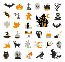 Flat icons with traditional Halloween symbols. Vector icons