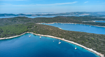 Aerial view of the coastline, coves and bays of the Croatian islands. Wonderful seascape. Travel concept. Copy space