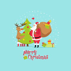 Funny Santa Claus with a deer, gifts and a Christmas tree. Vector illustration in flat style for greeting cards, banners, posters