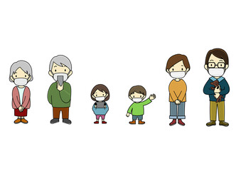 マスクをつけている家族のイラストセット（ステイホーム・アフターコロナ等に）