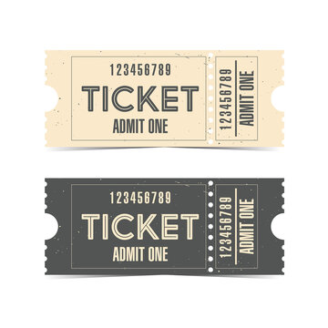 Cinema or theatre ticket vector template illustration. Concert, party or festival vintage paper ticket design concept. Tear-off retro ticket mockup for entrance to events.