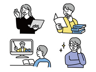 学ぶイラスト(勉強、スキルアップ、本を読む、知識、発見、受験、テスト、調べる、知る、分かる、情報、仕事) Book reading illustrations .study, skill up, knowledge, discovery, entrance examination, test, research, know, understand, save, work.