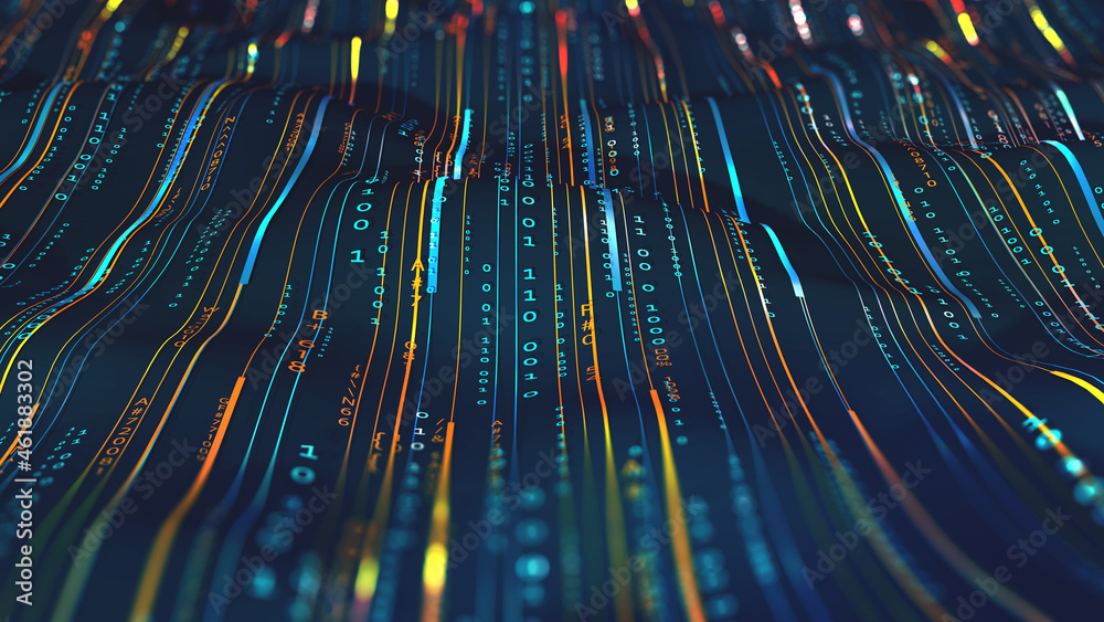 Leinwandbilder Wavy field, lines with a digital code. Digital structure, big data concept 3D illustration. Coded data loop. Cyberspace background