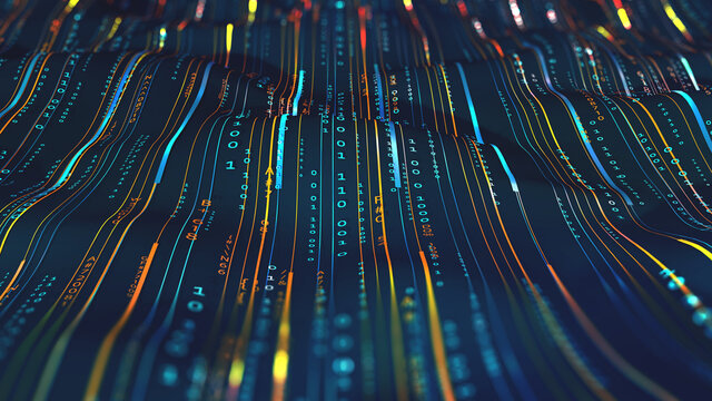 Wavy field, lines with a digital code. Digital structure, big data concept 3D illustration. Coded data loop. Cyberspace background