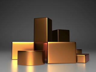 Golden podium with concept product shelf standing 3D rendering