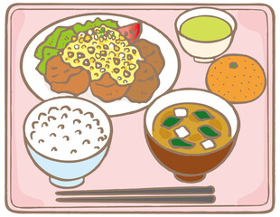 給食・食堂・社食_から揚げ定食タルタルソース/This is an illustration of fried chicken. Eat with tartar sauce. This is a very popular menu.