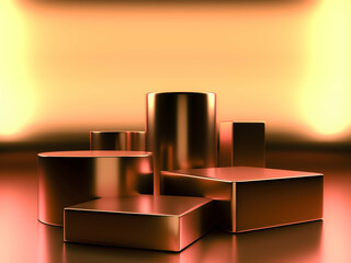 Golden podium with gold light. concept product shelf standing. 3D rendering