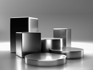 silver color podium with  minimal style .Use for cosmetic or products presentations. 3D rendering
