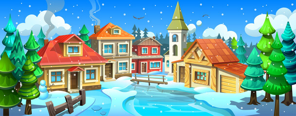 Cartoon forest with river. Christmas illustration. Village with colorful houses in winter.