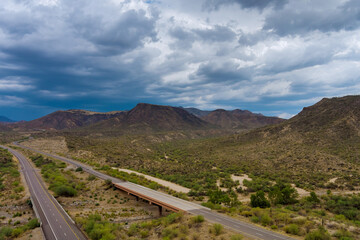 Panorama view of mountains desert in the middle of the highway of Arizona