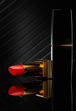 Red lipstick in golden tube and closed case on the dark background with stripes. Closeup 3d render