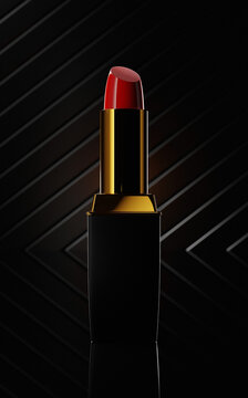 Red lipstick in golden tube on the dark background with stripes. Closeup 3d render