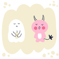 Hand drawn sad ghost and demon blowing out a candle. Perfect for poster textile and print. Cartoon style vector illustration for decor and design.
