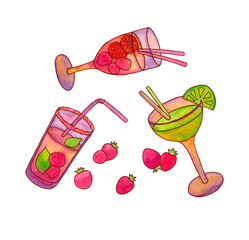 A set of cocktail glasses. Mixed soft drink with straws, berries and fruits. The clipart is hand-drawn in watercolor.