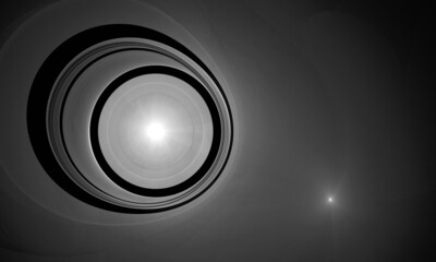 Monochromatic abstract 3d spheres, spots or orbs glowing in black dark empty space. Sound concept, sci fi idea, technology's secrets digital representation. Great as banner or element of design.