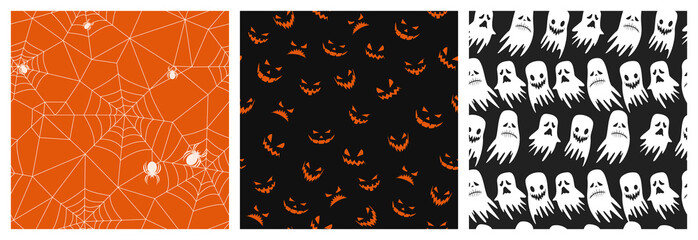 set seamless pattern of  cobweb, ghost on black and orange background. Halloween party celebration. vector