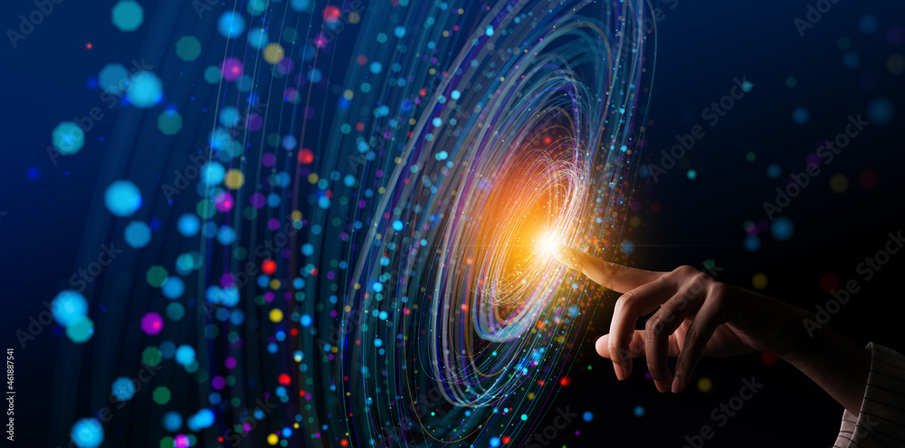 Fototapete big data concept. digital neural network.business woman hand touching introduction of artificial int