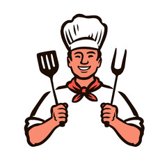 Cartoon Chef cook grilling steak, cooking fresh food. Barbecue vector illustration