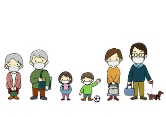 マスクをつけて外出する家族のイラストセット（アフターコロナのイメージ等に）