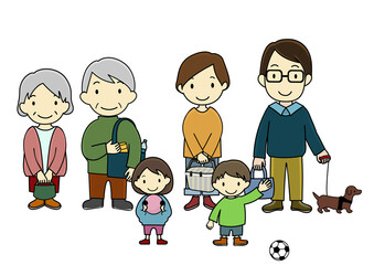 笑顔で外出する家族とペットのイラストセット（アフターコロナのイメージ等に）