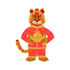 Cartoon tiger in chinese clothes New year greeting card