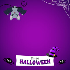 Inverted Bat, Purple Background, White Lettering, Spider Web, Hat and Spiders, Square Banner for Halloween, Halloween Mood