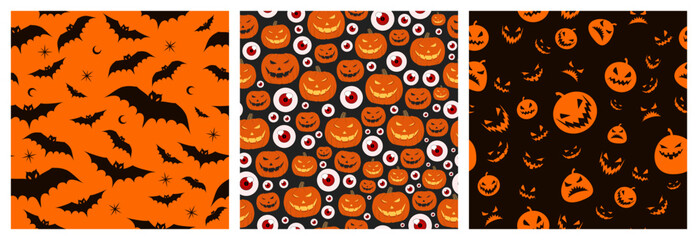 set seamless pattern of pumpkin head lights, eye, bat on black and orange background. lantern in Halloween party celebration. vector