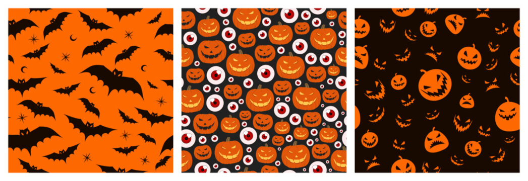 set seamless pattern of pumpkin head lights, eye, bat on black and orange background. lantern in Halloween party celebration. vector