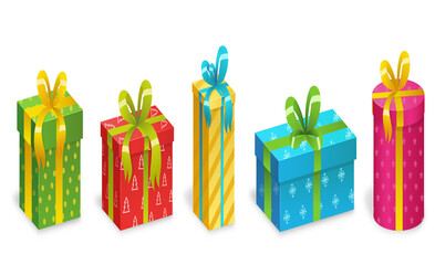 Cartoon gift box. Christmas presents, gifting boxes and present winter holidays gifts. Secret boxing with surprises vector set