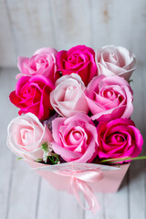 bouquet of pink roses in a box