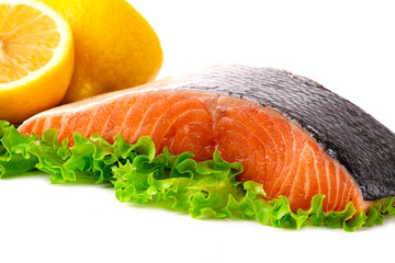 Fresh salmon fillet, on a white background, horizontal, no people,