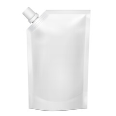 Mockup White Blank Doy Pack, Doypack Foil Food Or Drink Bag Packaging With Corner Spout Lid. Illustration Isolated On White Background. Mock Up Template.