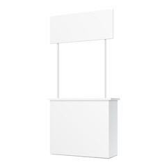 Mockup POS POI Blank Empty Retail Stand Stall Bar Display With Banner. On White Background Isolated. Mock Up Template Ready For Your Design. Product Packing Vector EPS10