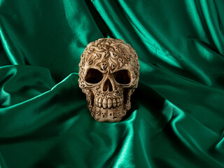 Halloween skull with green curtain. vintage abstract art. modern concept. minimalism.