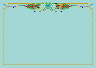 Blue Flowers and Red Berries Garland Bouquet, Gold Border Frame  Blue Background