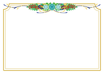 Blue Flowers and Red Berries Garland Bouquet, Gold Border Frame Background