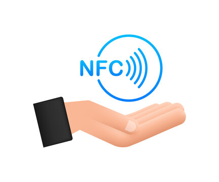 Contactless wireless pay sign in hands logo. NFC technology. Vector stock illustration.