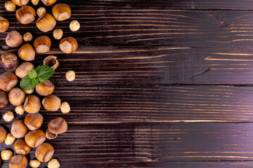 Hazelnuts on a dark wooden background.
Copy space.