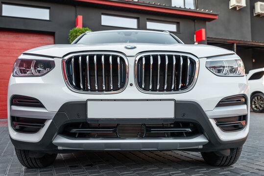 Ukraine, Odessa July 8 - 2021: Front image of a luxury car BMW X3. Compact modern crossover SUV