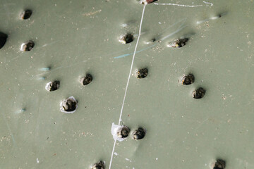 Sheet metal with bullet holes.