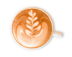 Top view of latte art coffee in white cup isolated on white background. Clipping path included