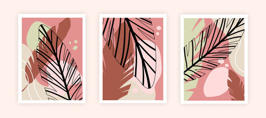 Botanical wall art set. Modern posters with leaves, dark silhouettes and spots. Design elements for printing on fabric and decorating walls. Cartoon flat vector collection isolated on pink background
