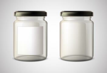  realistic vector icon. Glass jar with and without label. Transparent can with plastic lid. Empty, transparent bottle.