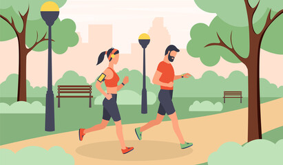 Jogging in city park concept. Man and woman engaged in outdoor sport. Cardio training in forest. Healthy lifestyle. Characters run around. Cartoon flat vector illustration isolated on white background