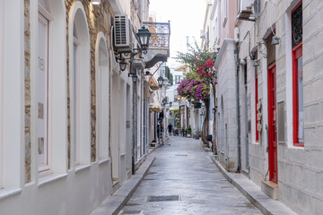 Ermoupolis village cobblestone street at capital of Syros island, Cyclades, destination Greece.